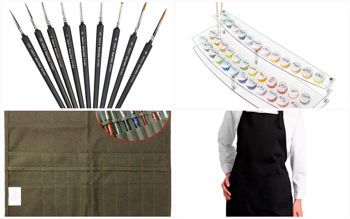 Paint by numbers accessories — detail brushes, paint holder tray, roll-up brush bag and craft apron