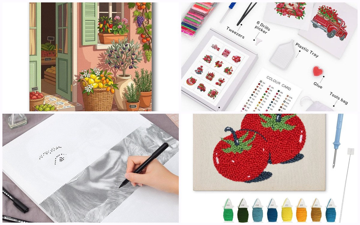Four craft kit types compared — paint by numbers, diamond painting, dot painting and punch needle