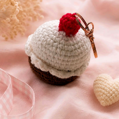Handmade crochet big cupcake keychain with cherry and rose-gold clasp