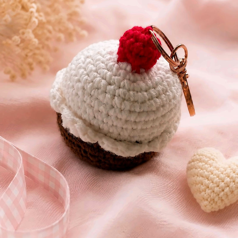 Handmade crochet big cupcake keychain with cherry and rose-gold clasp