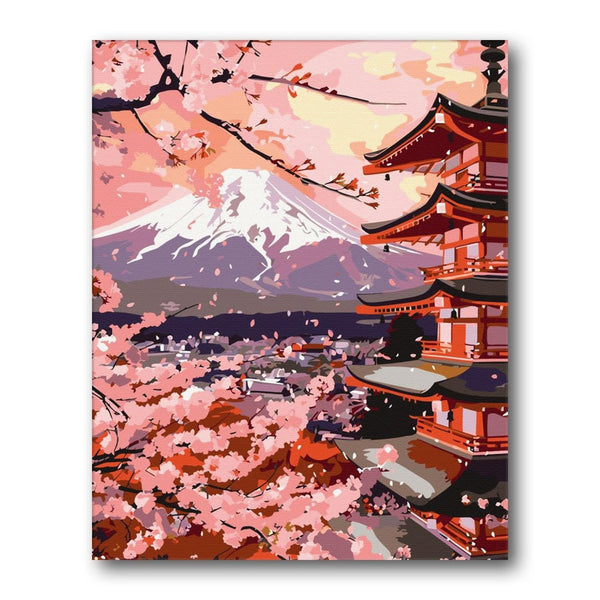 Mount Fuji Pagoda Sakura paint by numbers kit - finished artwork – Creative Vibes Dubai