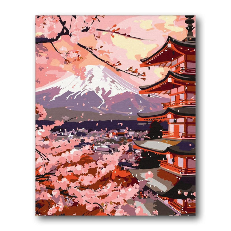 Mount Fuji Pagoda Sakura paint by numbers kit - finished artwork