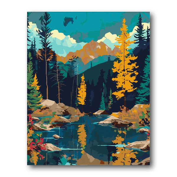 Pine Forest Lake At Dusk paint by numbers kit - finished artwork – Creative Vibes Dubai