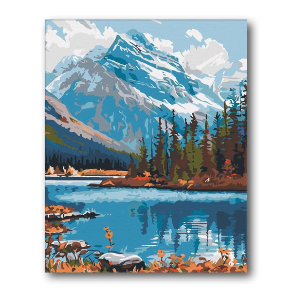 Snow Mountain Lake Pines paint by numbers kit - finished artwork – Creative Vibes Dubai