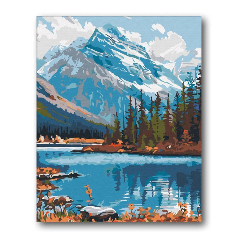 Snow Mountain Lake Pines paint by numbers kit - finished artwork