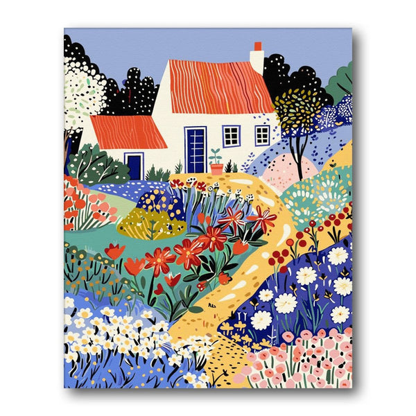 Hillside Cottage Flowers paint by numbers kit - finished artwork – Creative Vibes Dubai