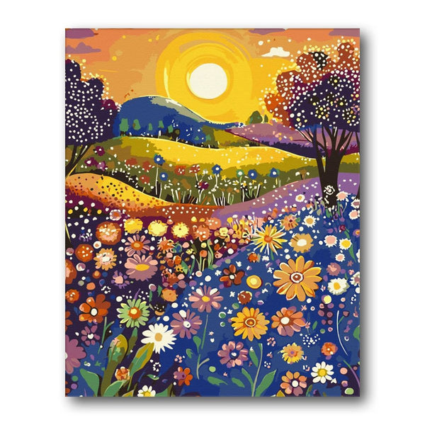 Sunlit Meadow And Hills paint by numbers kit - finished artwork – Creative Vibes Dubai