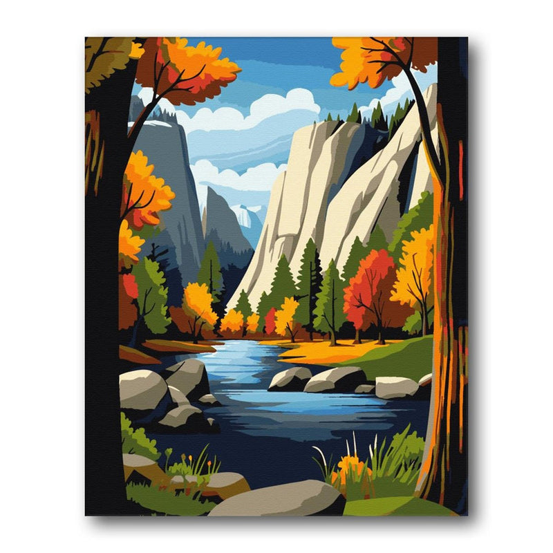 Autumn canyon paint by numbers finished artwork with river and pines