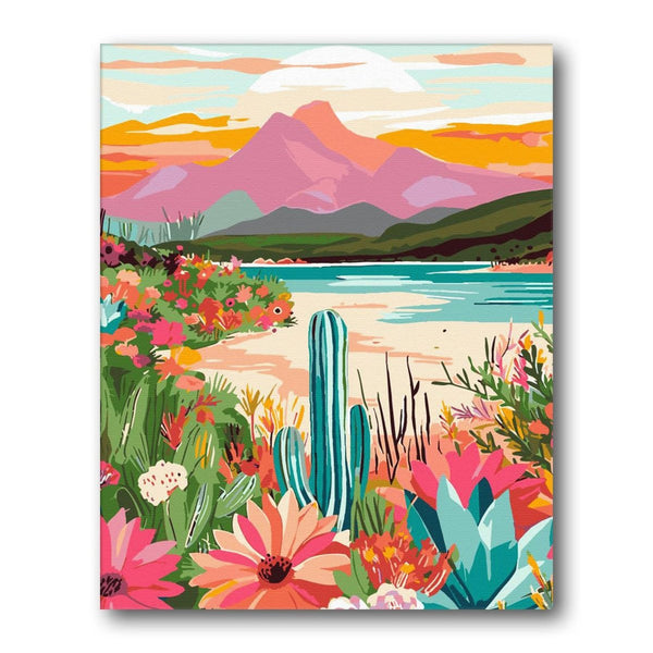 Lake With Cacti And Peaks paint by numbers artwork – Creative Vibes Dubai