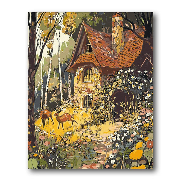 Cozy Cabin In Forest Paint by Numbers Kit artwork – Creative Vibes Dubai