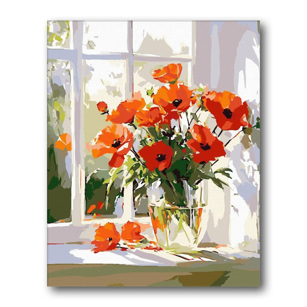 Window Orange Flowers paint by numbers kit – finished artwork – Creative Vibes Dubai