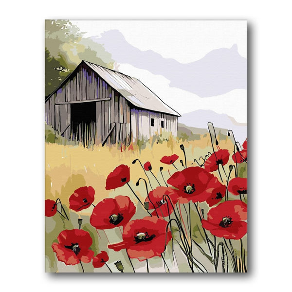 Barn With Poppy Field paint by numbers kit – finished artwork – Creative Vibes Dubai