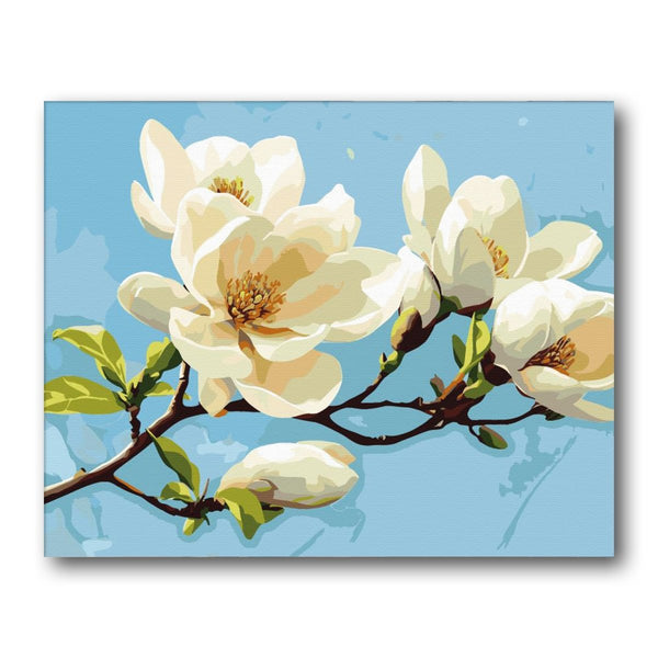 White Magnolia On Blue paint by numbers kit – finished artwork – Creative Vibes Dubai