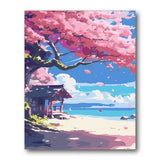 Cherry Trees Beach View paint by numbers kit – finished artwork