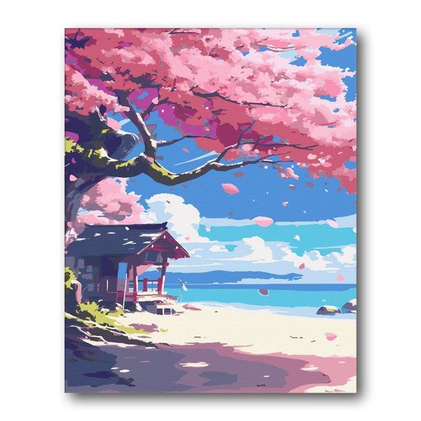 Cherry Trees Beach View paint by numbers kit – finished artwork – Creative Vibes Dubai