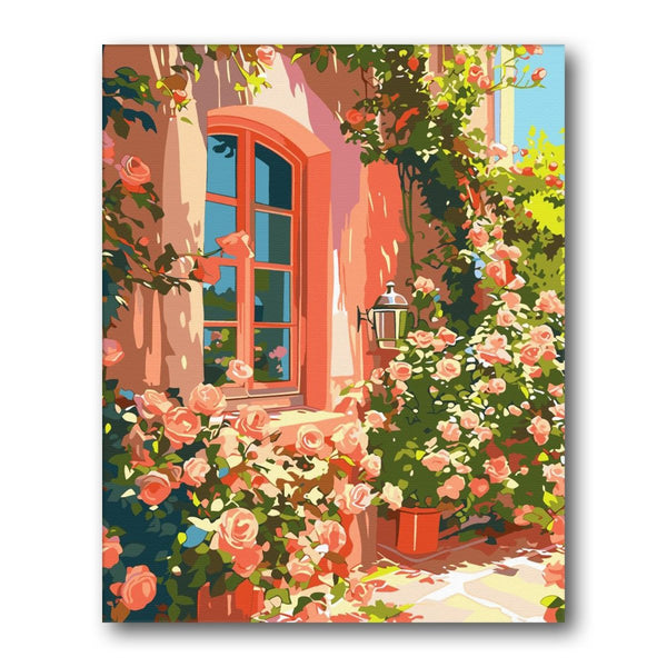 Pink House With Roses paint by numbers kit – finished artwork – Creative Vibes Dubai