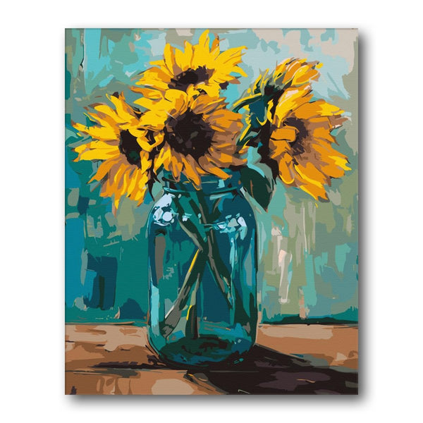 Sunflowers In Blue Jar paint by numbers kit – finished artwork – Creative Vibes Dubai