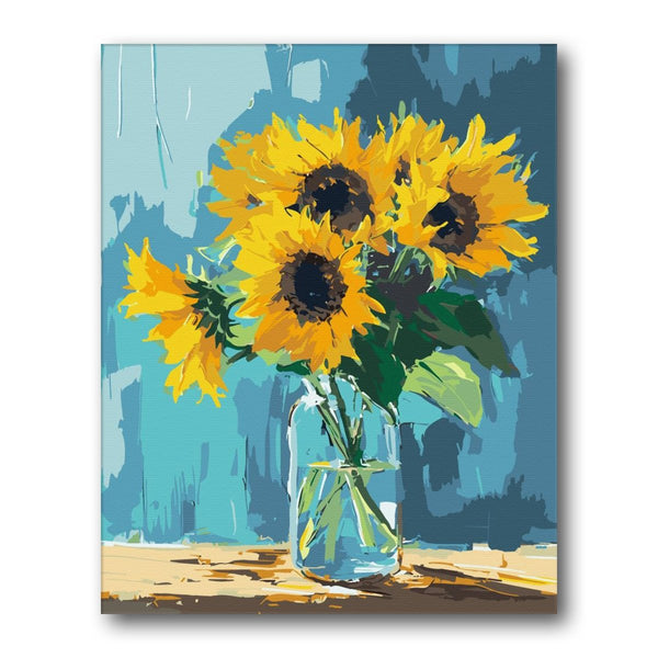 Sunflowers On Teal Bg paint by numbers kit – finished artwork – Creative Vibes Dubai