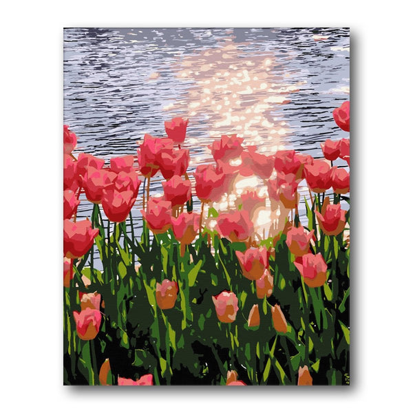 Red Tulips By Lakeside paint by numbers kit – finished artwork – Creative Vibes Dubai