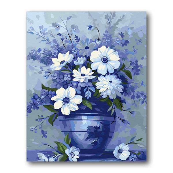 White Daisies Blue Vase paint by numbers kit – finished artwork – Creative Vibes Dubai
