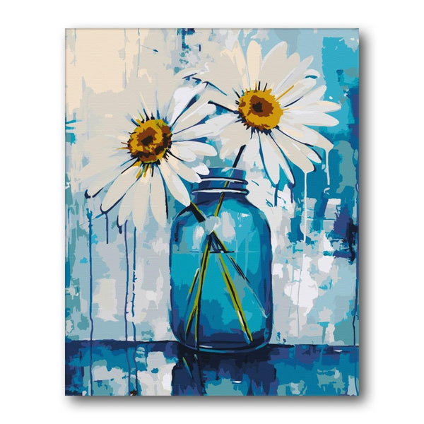Two Daisies In Blue Jar paint by numbers kit – finished artwork – Creative Vibes Dubai
