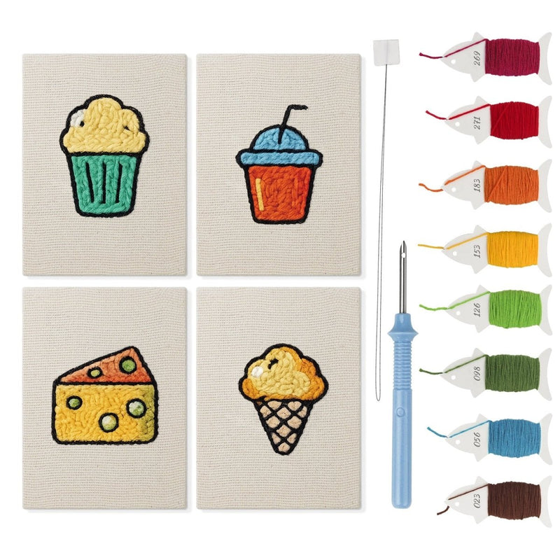 Mini Punch Needle Kit 4pcs Cartoon Food Patterns