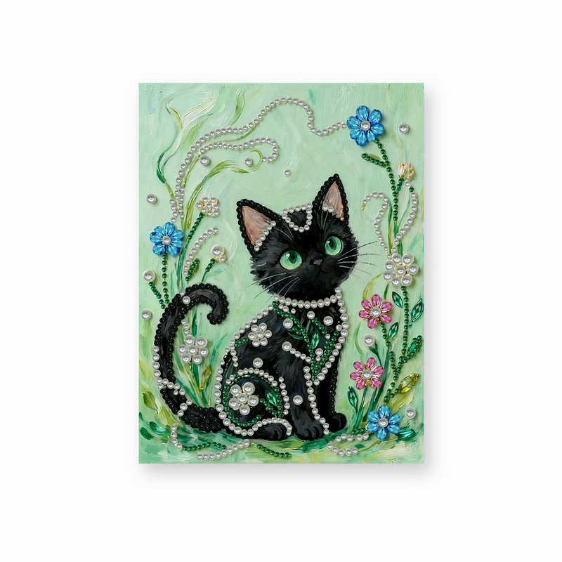 Black Cat in Emerald Garden pearl diamond painting kit - finished artwork