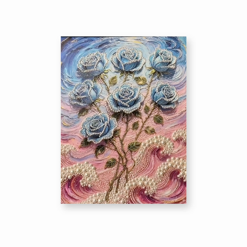 Blue Roses Above Pink Pearl Waves pearl diamond painting kit - finished artwork