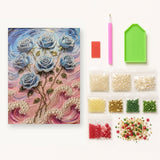 Blue Roses Above Pink Pearl Waves displayed on a wall