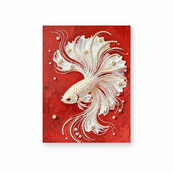 White Pearl Betta on Red pearl diamond painting kit - finished artwork – Creative Vibes Dubai
